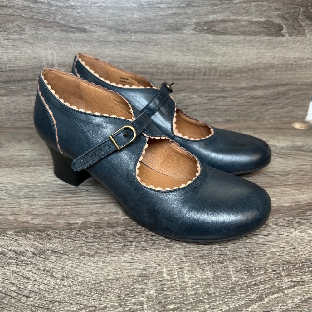 Miz Mooz Francine Heels Ocean Sz 10/41 Leather Scalloped Mary Jane Block Pumps